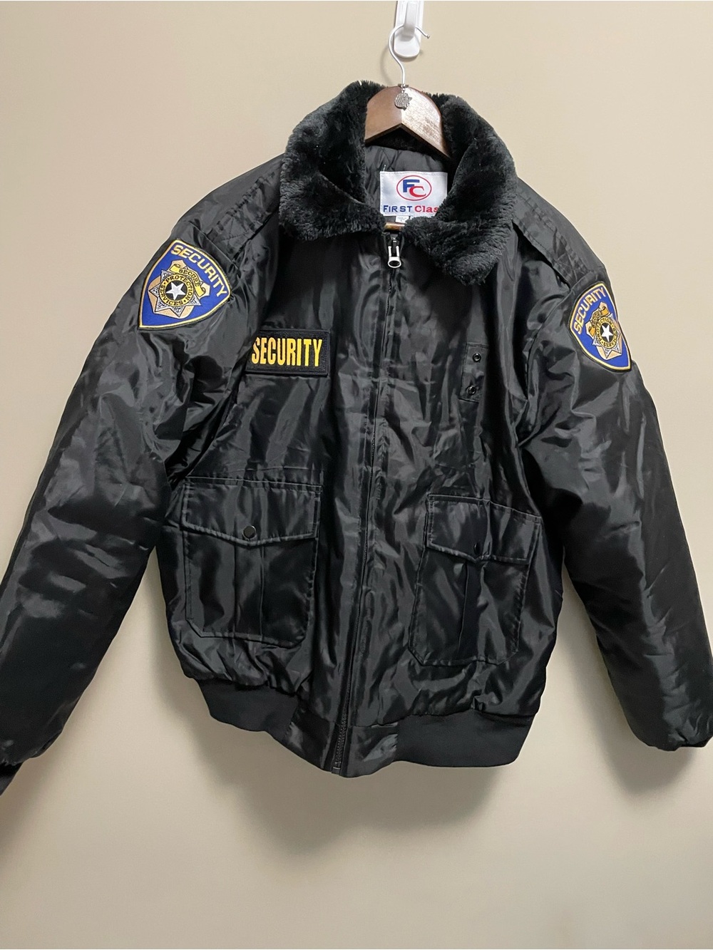 First Class Black Security Bomber Jacket with Faux Fur Collar Men’s Large